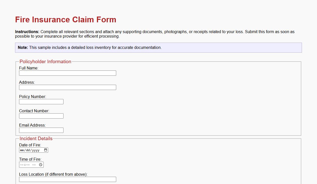 fire insurance claim form sample with detailed loss inventory image preview