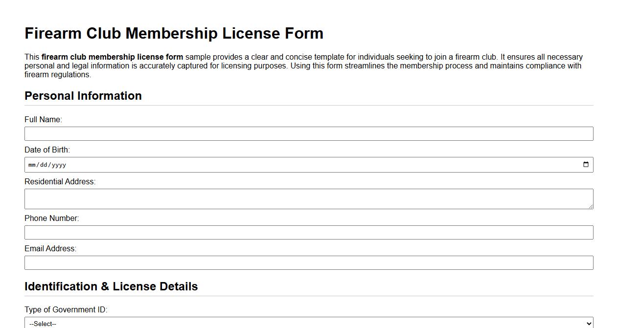 Firearm club membership license form sample image preview