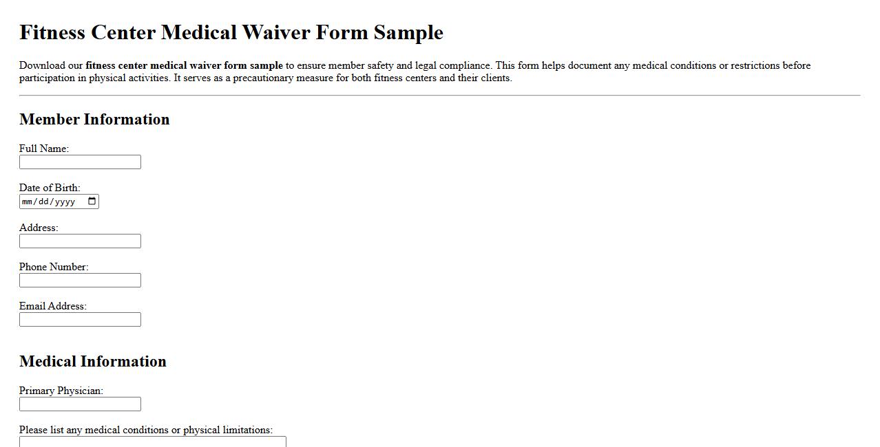 fitness center medical waiver form sample image preview
