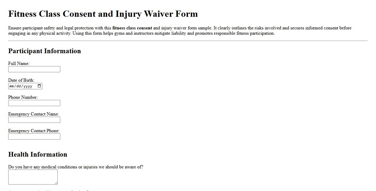 Fitness class consent and injury waiver form sample image preview