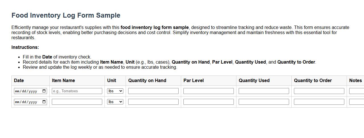 food inventory log form sample for restaurants image preview