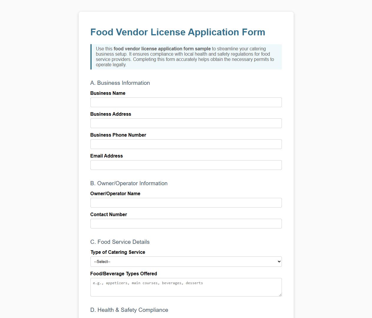 Food vendor license application form sample for catering business image preview