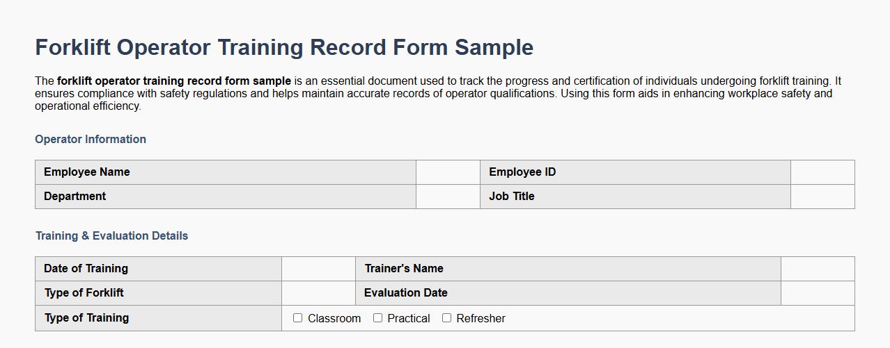 forklift operator training record form sample image preview
