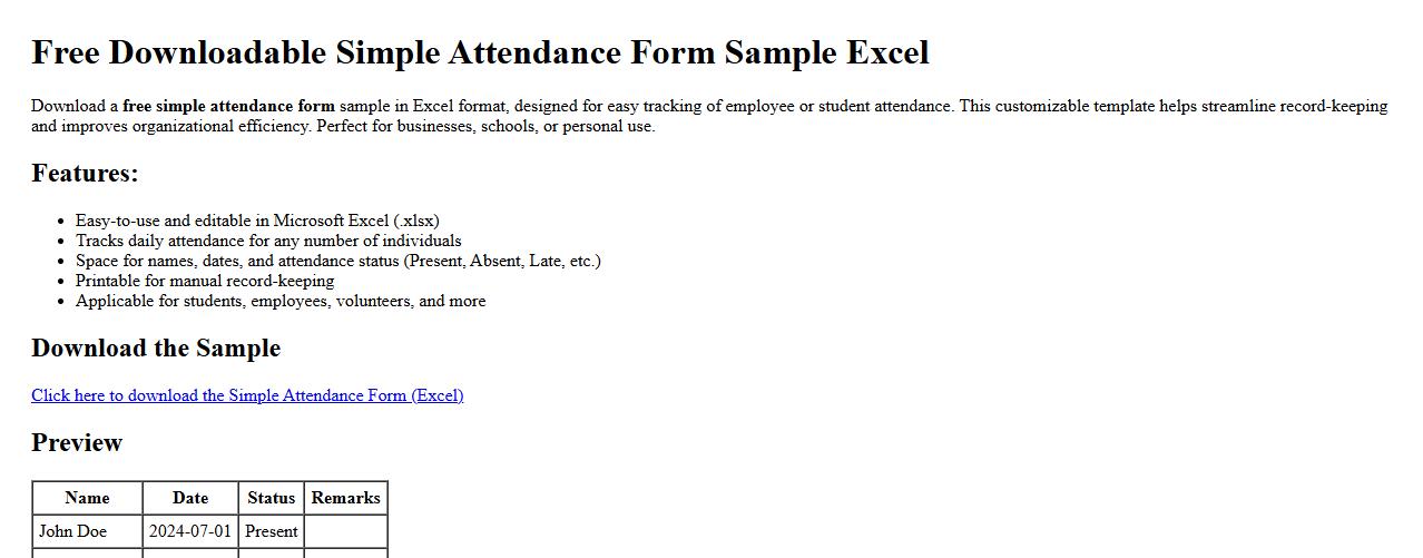 Free downloadable simple attendance form sample Excel image preview