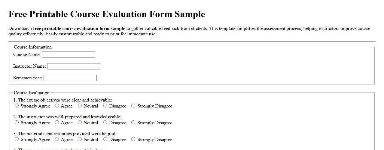 Free printable course evaluation form sample image preview