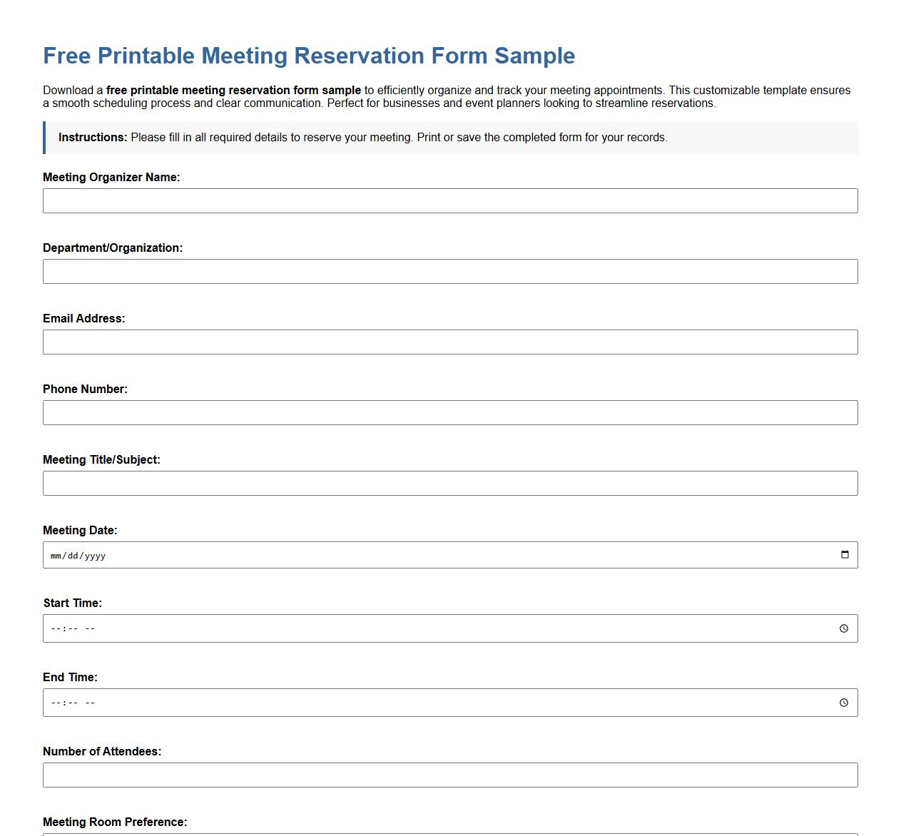 free printable meeting reservation form sample image preview