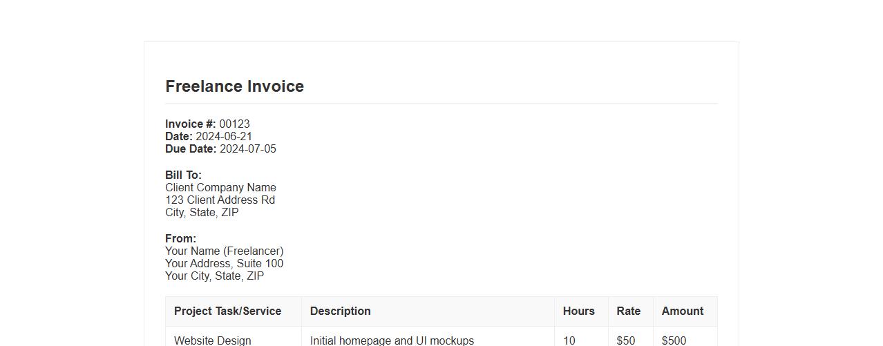 Freelance invoice template with project breakdown image preview