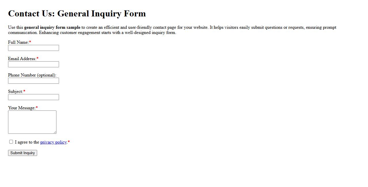 general inquiry form sample for website contact image preview