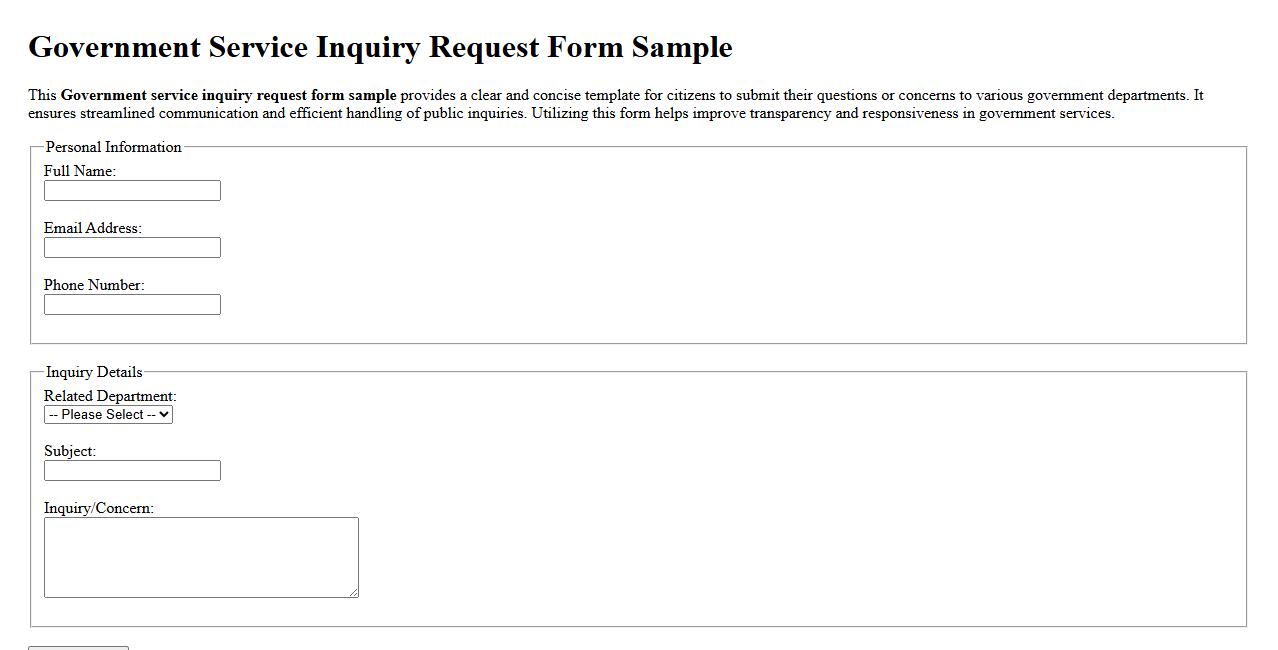 Government service inquiry request form sample image preview