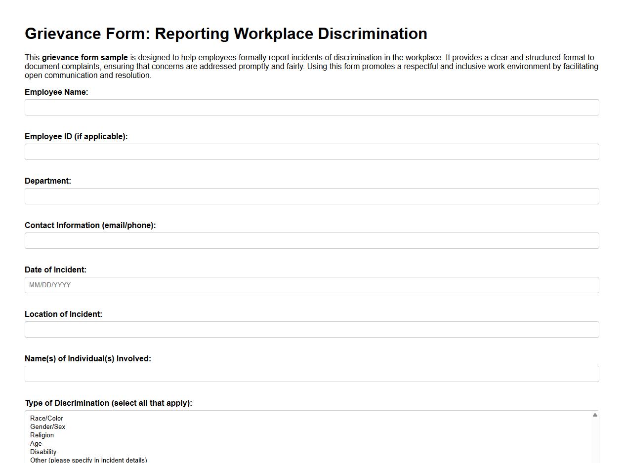 Grievance form sample for discrimination in the workplace image preview