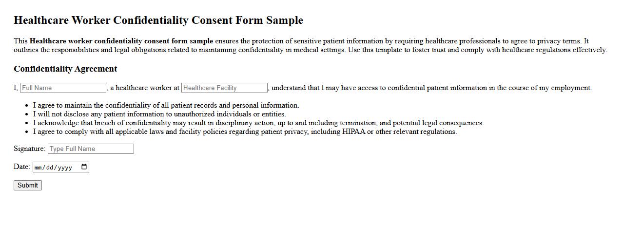 Healthcare worker confidentiality consent form sample image preview
