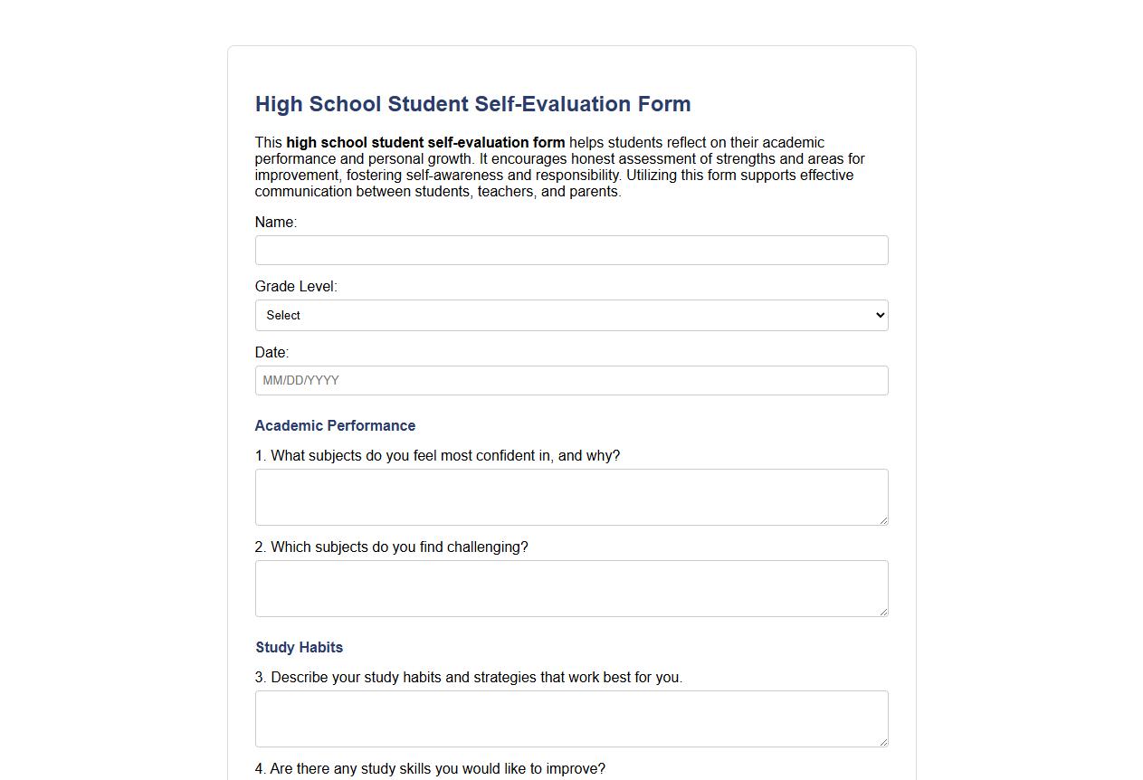 high school student self-evaluation form sample image preview