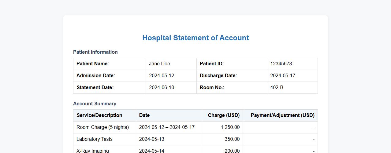 hospital statement of account form sample example image preview