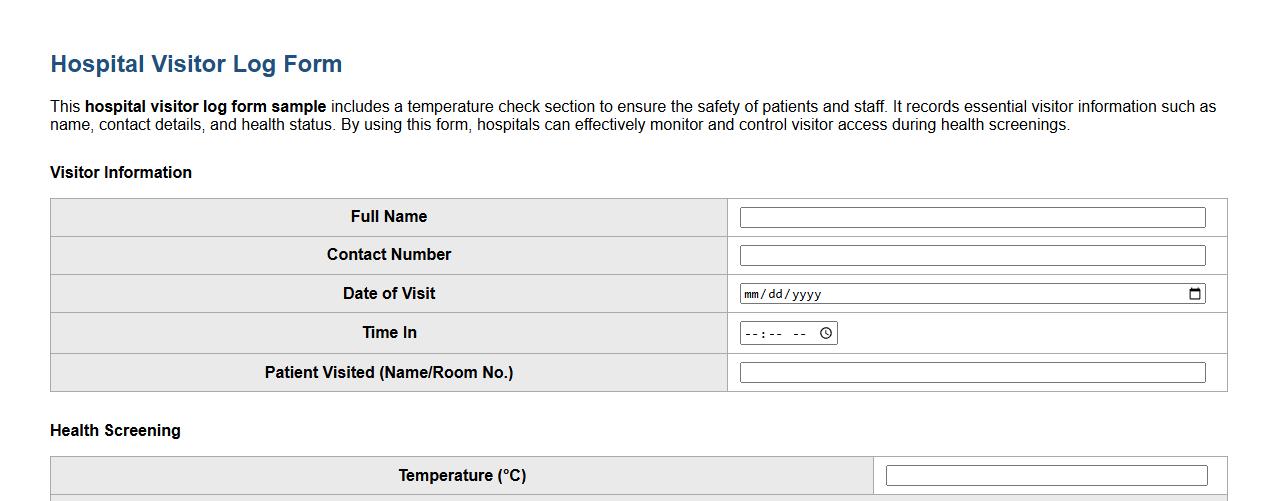 hospital visitor log form sample with temperature check image preview