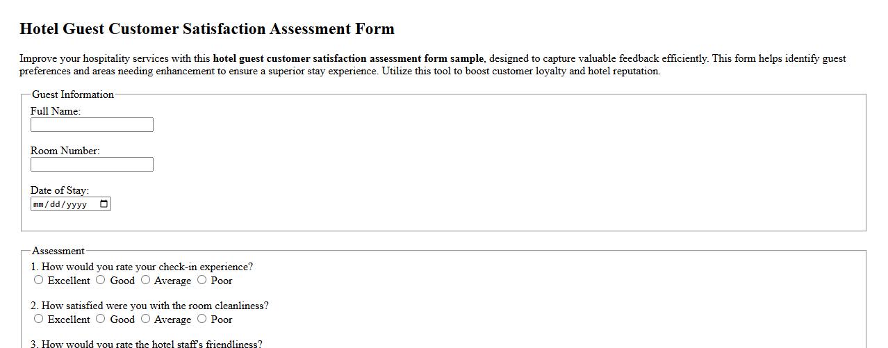 hotel guest customer satisfaction assessment form sample image preview
