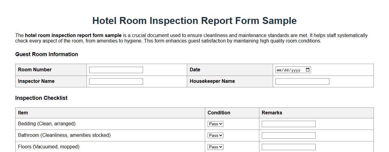 Hotel room inspection report form sample image preview