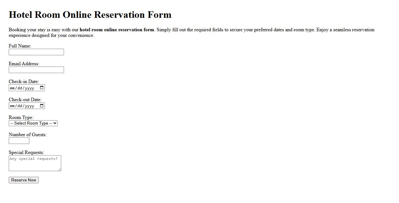 Hotel room online reservation form sample image preview