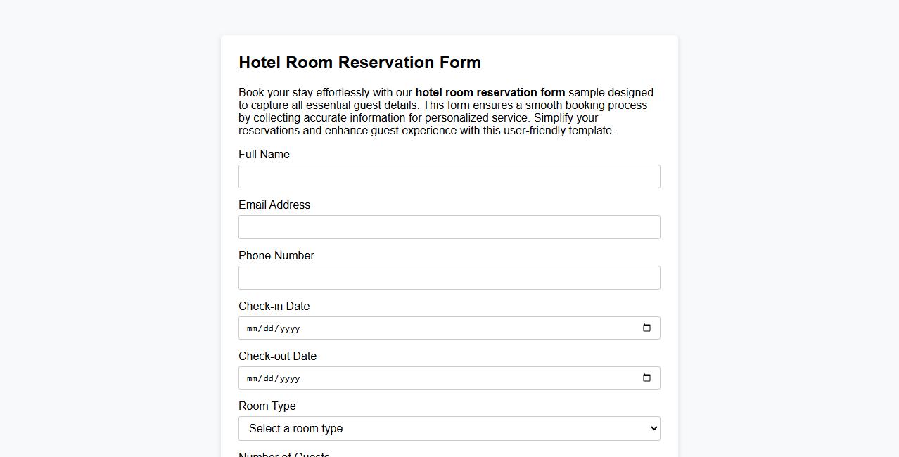 Hotel room reservation form sample with guest details image preview