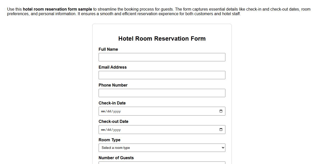 hotel room reservation form sample image preview