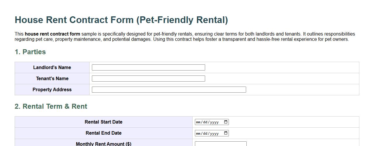 House rent contract form sample for pet-friendly rental image preview