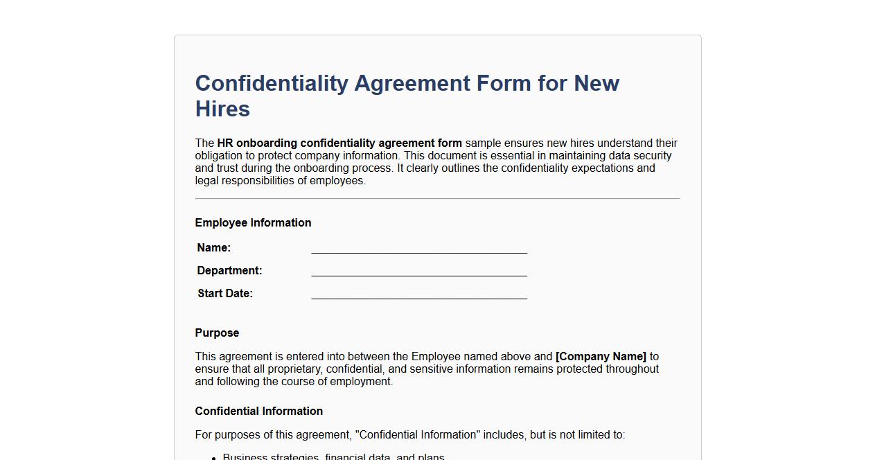 hr onboarding confidentiality agreement form sample for new hires image preview