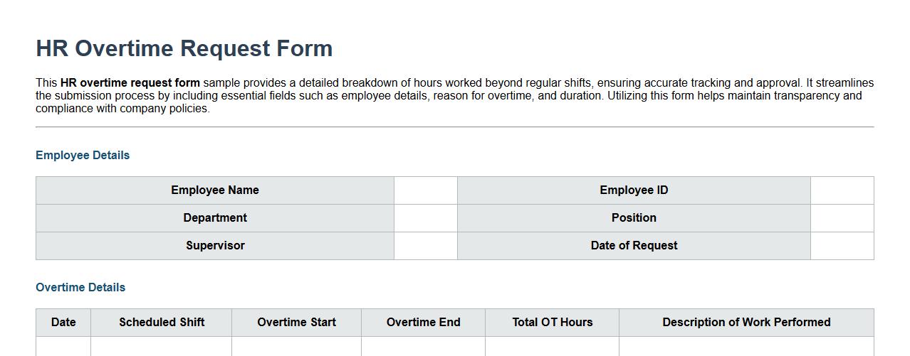 HR overtime request form sample with detailed breakdown image preview