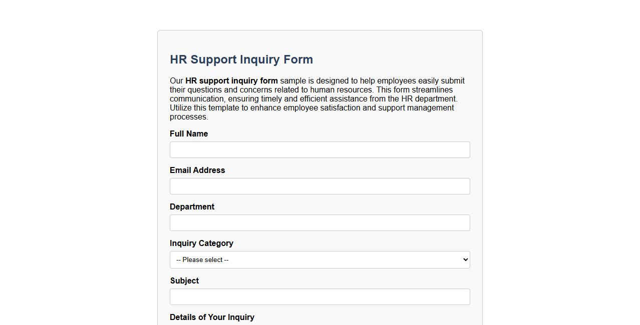 HR support inquiry form sample for employees image preview