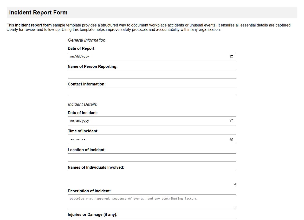 incident report form sample template image preview