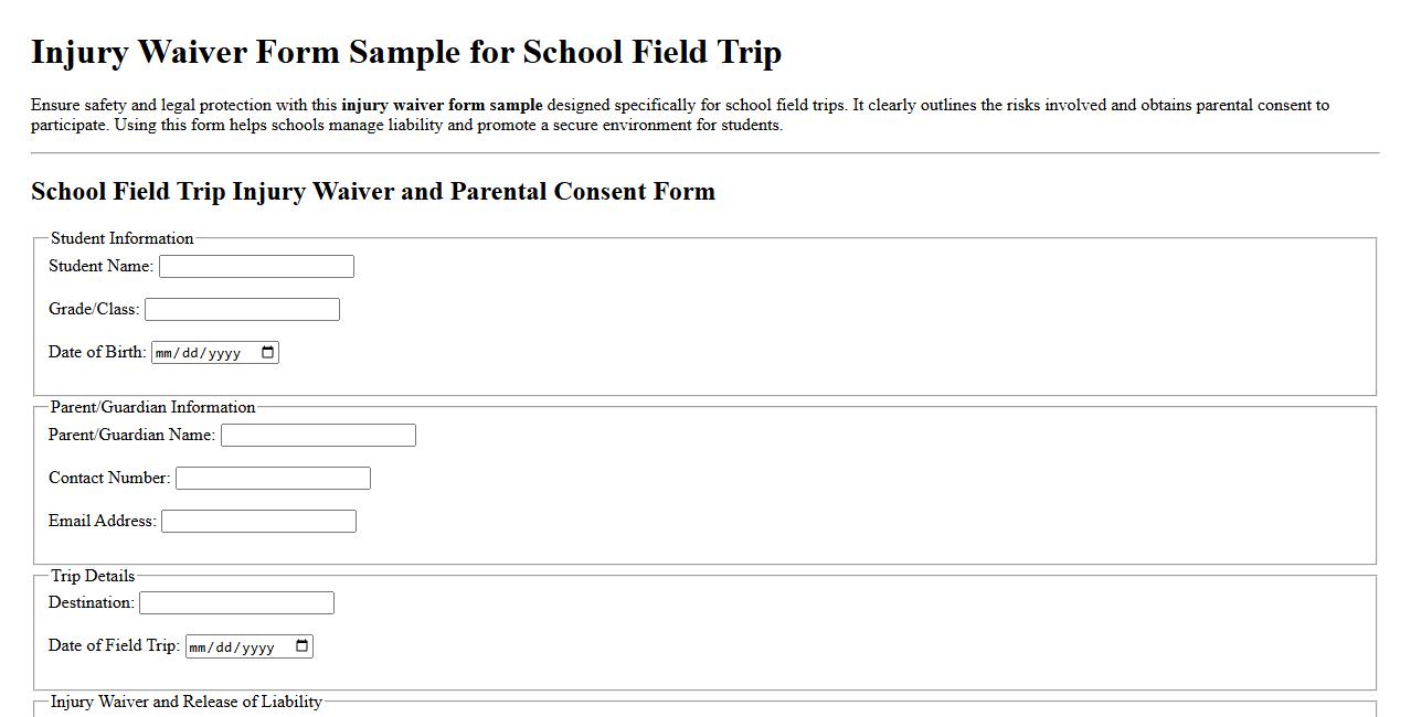 Injury waiver form sample for school field trip image preview