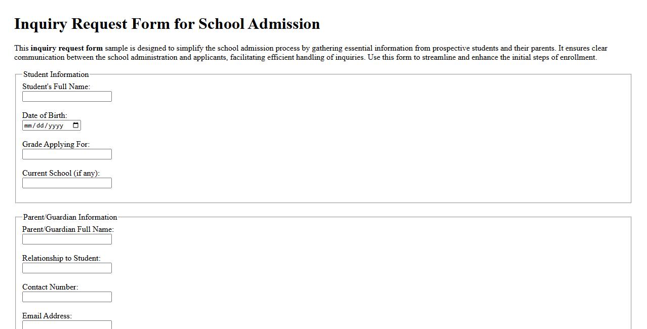 Inquiry request form sample for school admission image preview