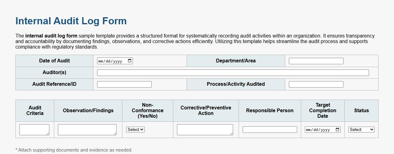 internal audit log form sample template image preview
