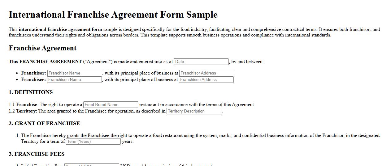 international franchise agreement form sample for food industry image preview
