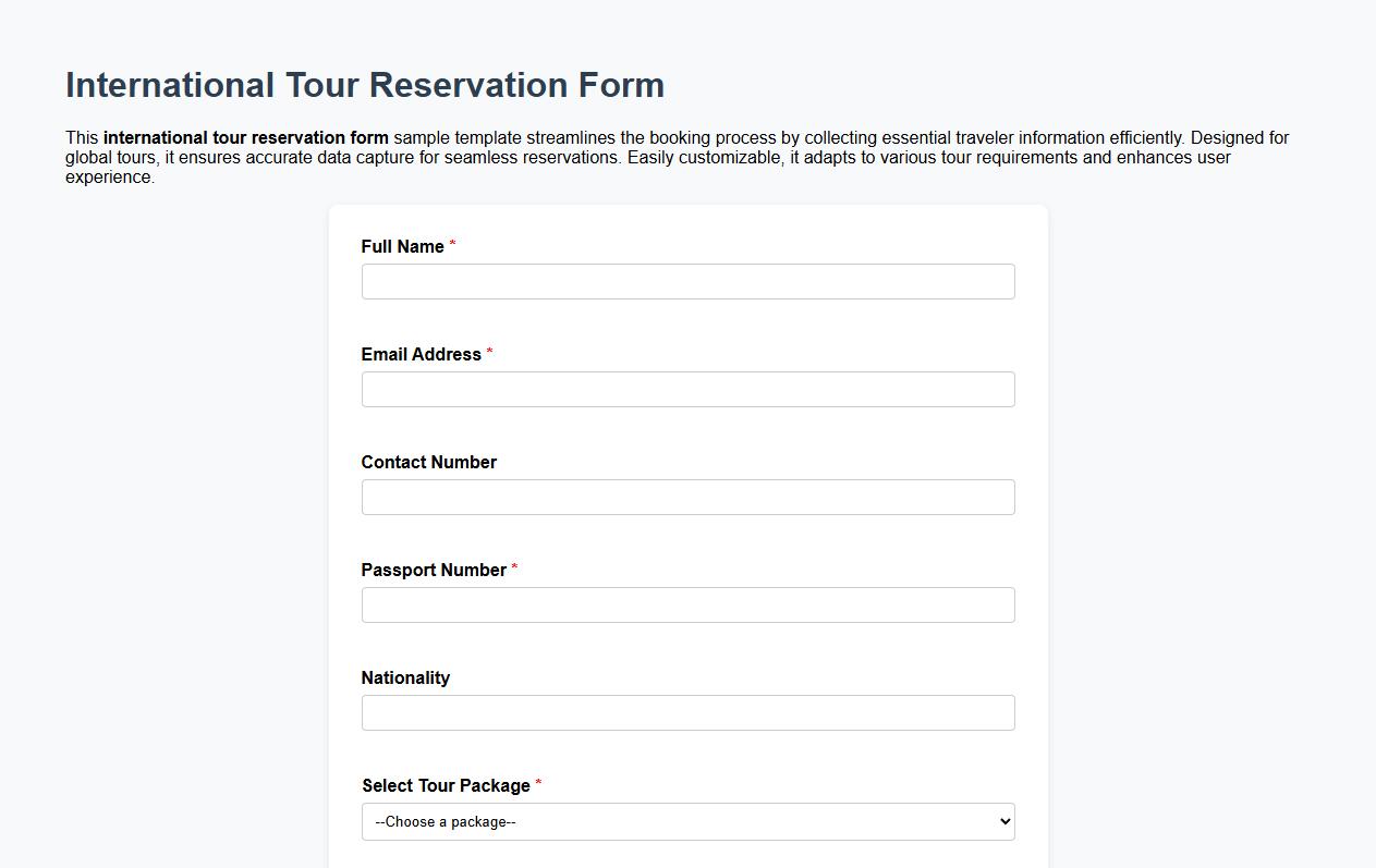 International tour reservation form sample template image preview