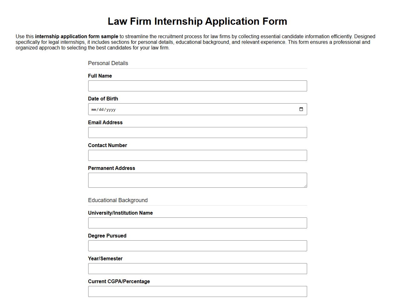Internship application form sample for law firms image preview