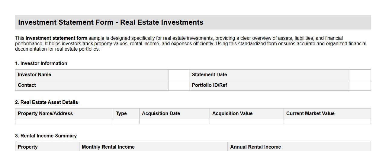 Investment statement form sample for real estate investments image preview
