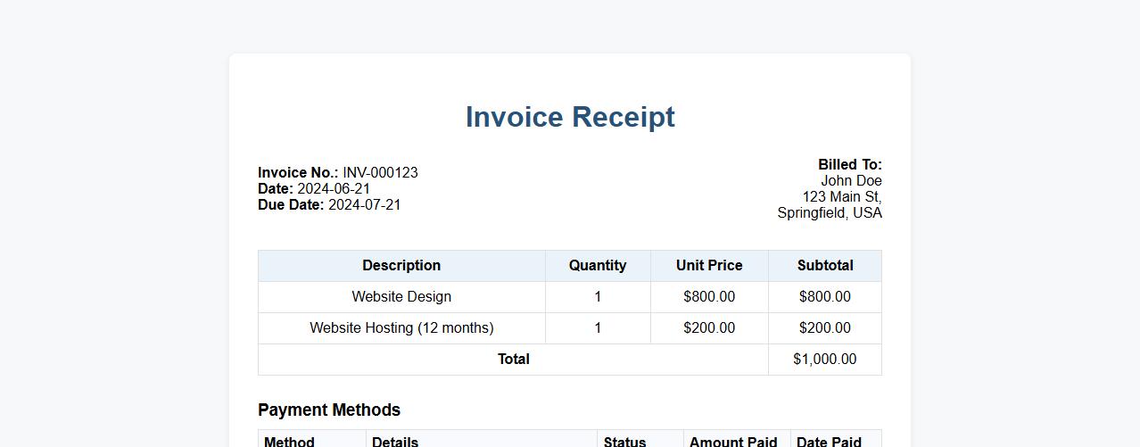 Invoice receipt template including multiple payment methods image preview
