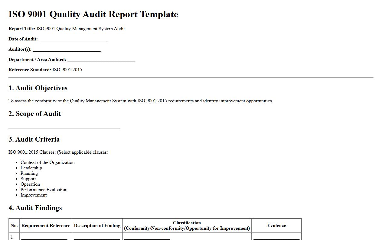 ISO 9001 quality audit report template pdf image preview