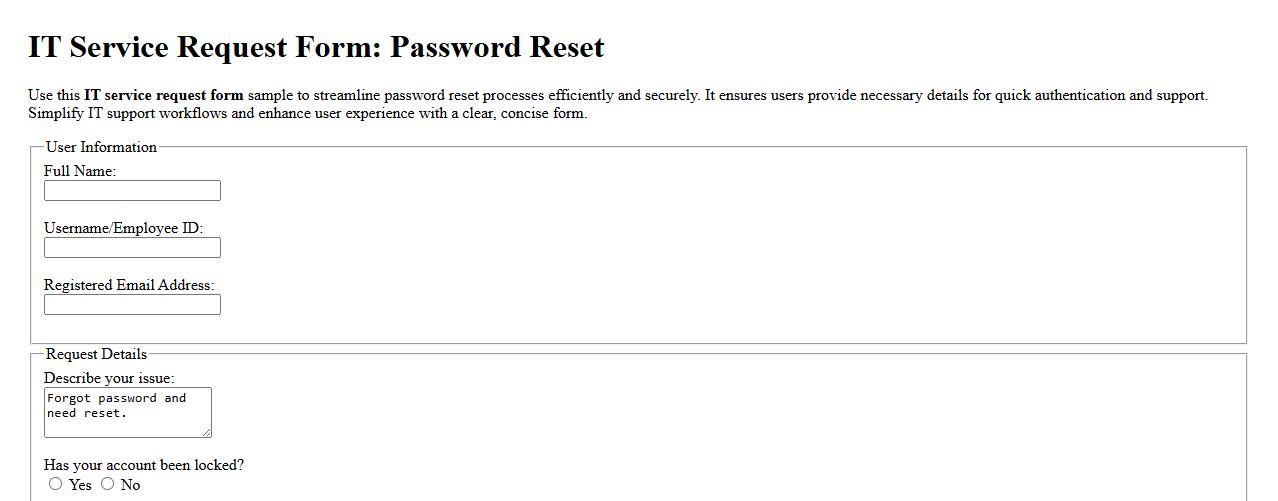 IT service request form sample for password reset image preview