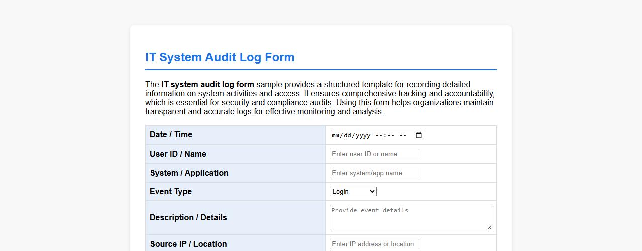 IT system audit log form sample image preview