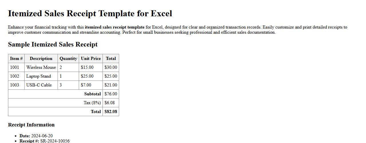 Itemized sales receipt template for Excel image preview