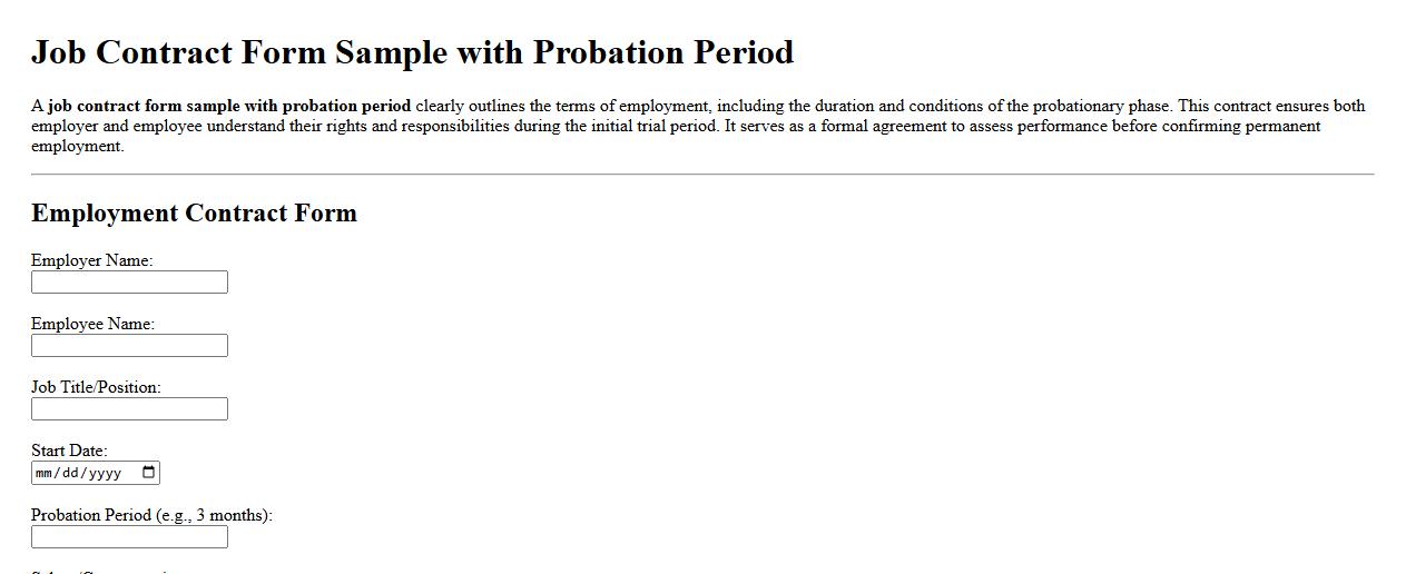 Job contract form sample with probation period image preview