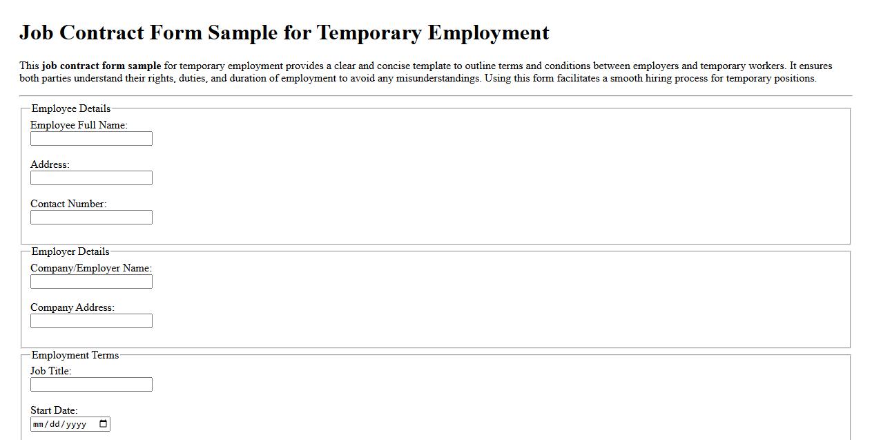 Job contract form sample for temporary employment image preview