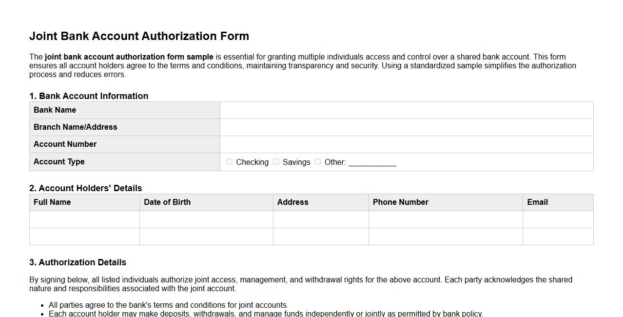 joint bank account authorization form sample image preview