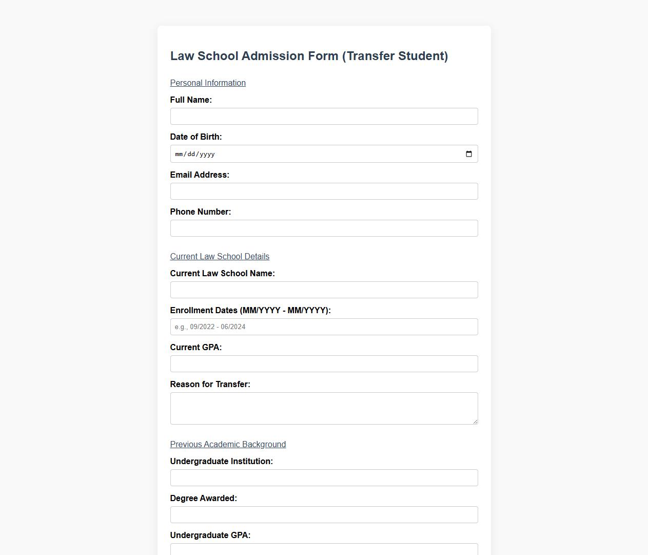 Law school admission form sample for transfer students image preview