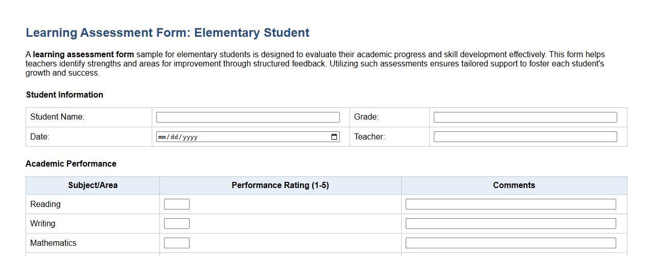 learning assessment form sample for elementary students image preview