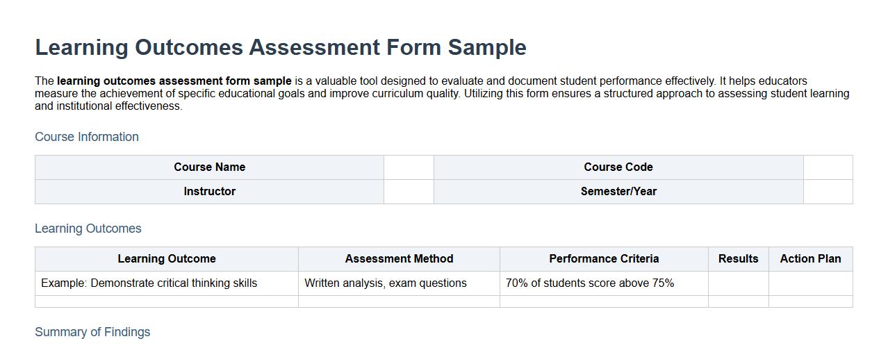 learning outcomes assessment form sample image preview
