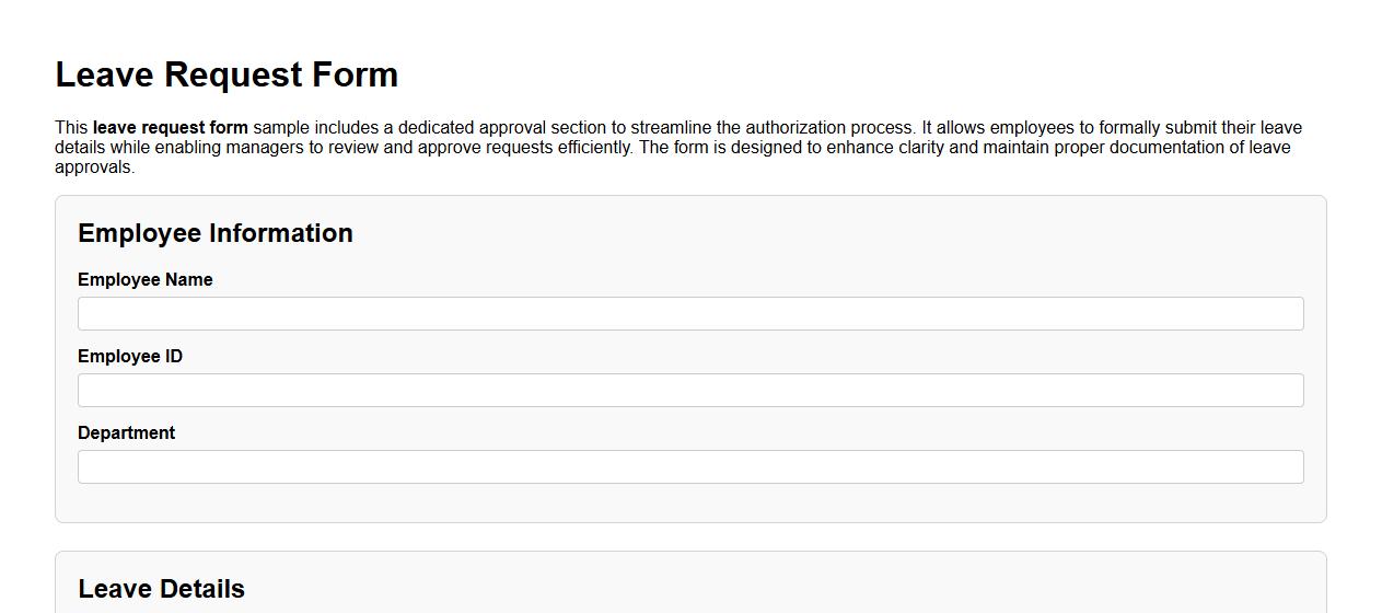 Leave request form sample with approval section image preview