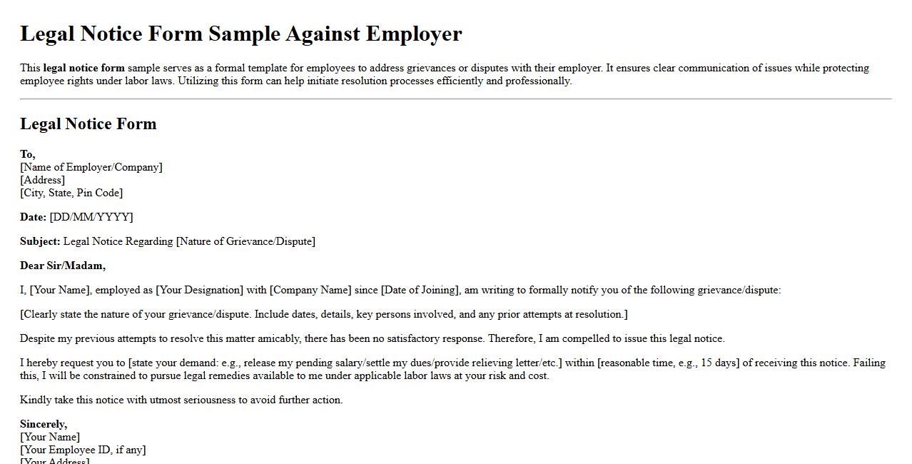 Legal notice form sample against employer image preview