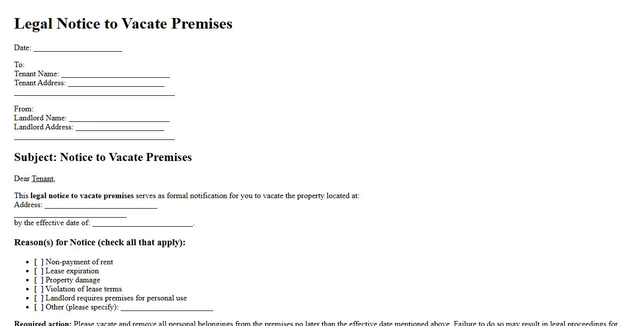 Legal notice to vacate premises form sample with reasons image preview