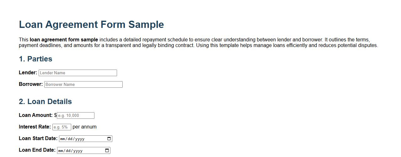 Loan agreement form sample with repayment schedule image preview